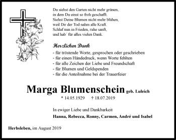 Traueranzeige von Marga Blumenschein von Thüringer Allgemeine, Thüringische Landeszeitung