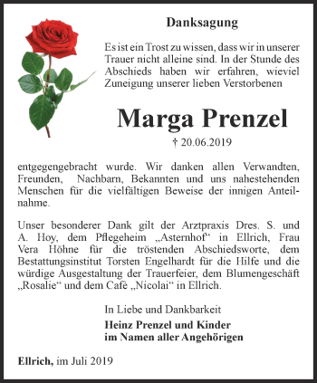 Traueranzeige von Marga Prenzel von Thüringer Allgemeine