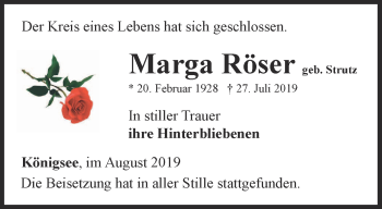 Traueranzeige von Marga Röser von Ostthüringer Zeitung