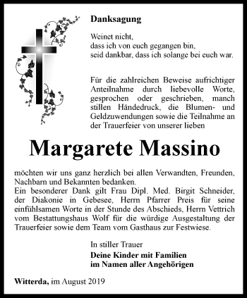 Traueranzeige von Margarete Massino von Thüringer Allgemeine, Thüringische Landeszeitung