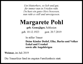 Traueranzeige von Margarete Pohl von Thüringer Allgemeine, Thüringische Landeszeitung