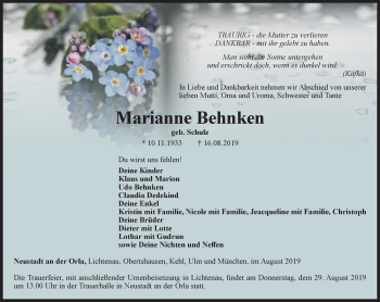 Traueranzeige von Marianne Behnken