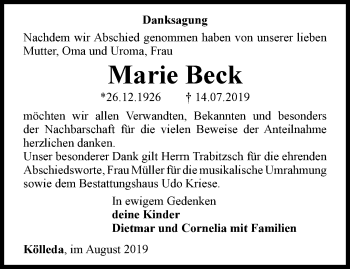 Traueranzeige von Marie Beck von Thüringer Allgemeine