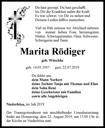 Traueranzeige von Marita Rödiger von Thüringer Allgemeine