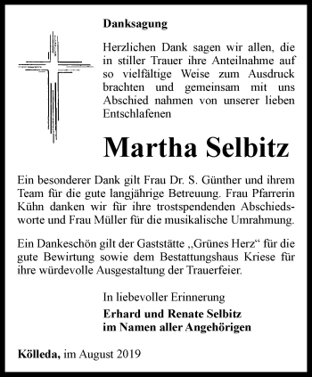 Traueranzeige von Martha Selbitz von Thüringer Allgemeine