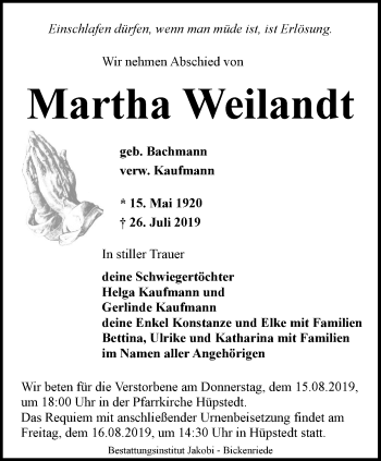 Traueranzeige von Martha Weilandt von Thüringer Allgemeine, Thüringische Landeszeitung