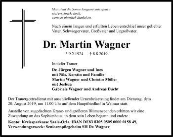 Traueranzeige von Martin Wagner von Thüringer Allgemeine, Thüringische Landeszeitung