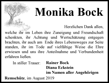Traueranzeige von Monika Bock von Ostthüringer Zeitung