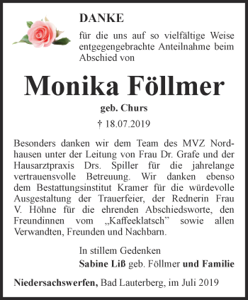 Traueranzeige von Monika Föllmer von Thüringer Allgemeine