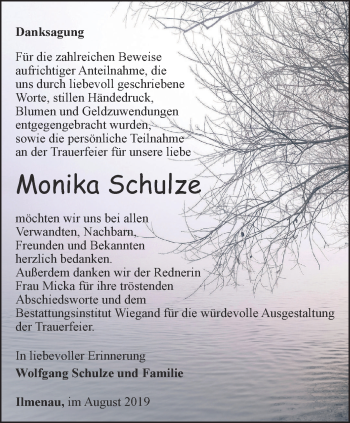 Traueranzeige von Monika Schulze von Thüringer Allgemeine