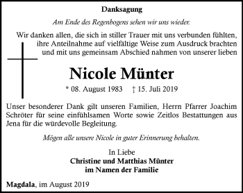 Traueranzeige von Nicole Münter von Thüringer Allgemeine, Thüringische Landeszeitung