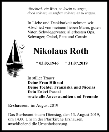 Traueranzeige von Nikolaus Roth von Thüringer Allgemeine