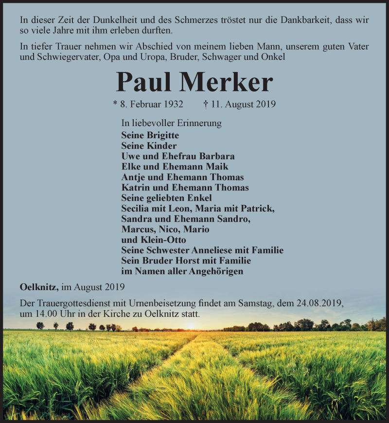  Traueranzeige für Paul Merker vom 17.08.2019 aus Ostthüringer Zeitung, Thüringische Landeszeitung