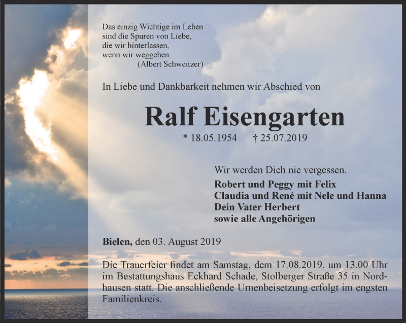  Traueranzeige für Ralf Eisengarten vom 03.08.2019 aus Thüringer Allgemeine