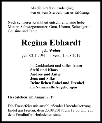 Traueranzeige von Regina Ebhardt von Thüringer Allgemeine, Thüringische Landeszeitung