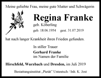 Traueranzeige von Regina Franke von Ostthüringer Zeitung