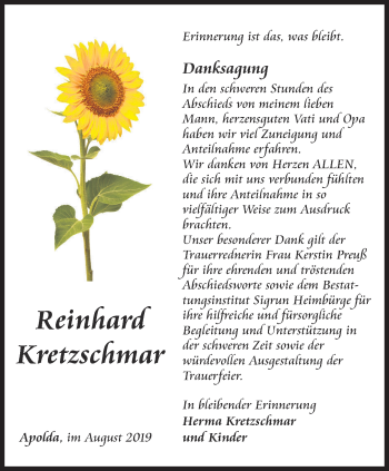 Traueranzeige von Reinhard Kretzschmar von Ostthüringer Zeitung, Thüringische Landeszeitung