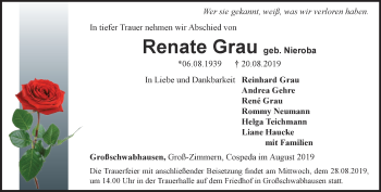 Traueranzeige von Renate Grau von Ostthüringer Zeitung, Thüringische Landeszeitung