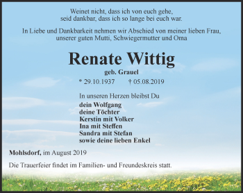 Traueranzeige von Renate Wittig von Ostthüringer Zeitung