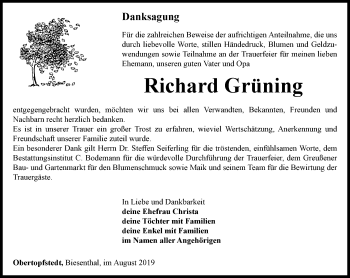 Traueranzeige von Richard Grüning von Thüringer Allgemeine