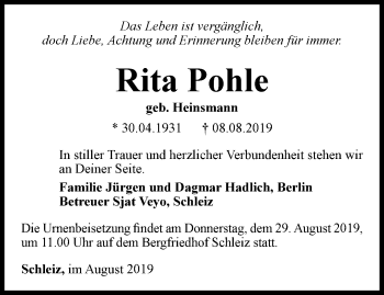 Traueranzeige von Rita Pohle von Ostthüringer Zeitung