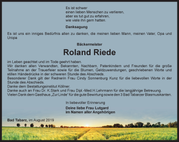 Traueranzeige von Roland Riede von Ostthüringer Zeitung, Thüringische Landeszeitung