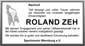 Traueranzeige von Roland Zeh von Ostthüringer Zeitung