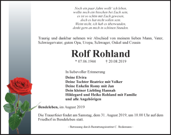 Traueranzeige von Rolf Rohland von Thüringer Allgemeine