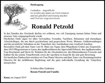 Traueranzeige von Ronald Petzold von Ostthüringer Zeitung