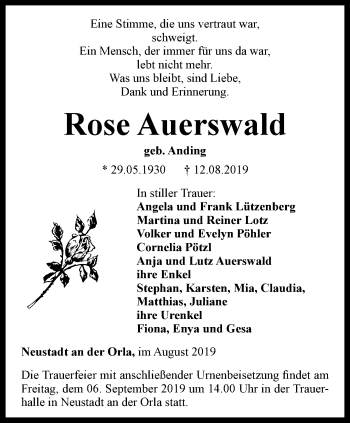 Traueranzeige von Rose Auerswald