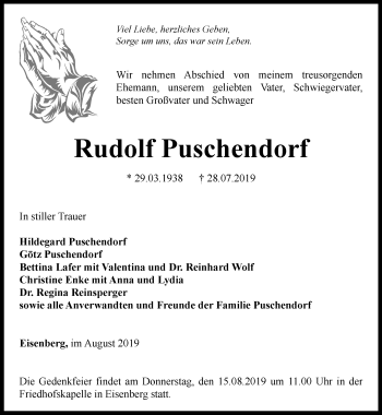 Traueranzeige von Rudolf Puschendorf von Ostthüringer Zeitung