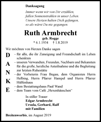 Traueranzeige von Ruth Armbrecht von Thüringer Allgemeine