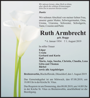 Traueranzeige von Ruth Armbrecht von Thüringer Allgemeine