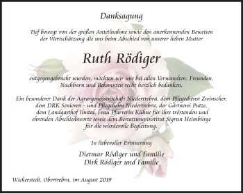 Traueranzeige von Ruth Rödiger von Thüringer Allgemeine, Thüringische Landeszeitung