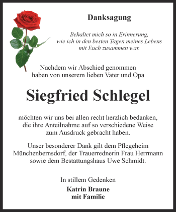 Traueranzeige von Siegfried Schlegel von Ostthüringer Zeitung