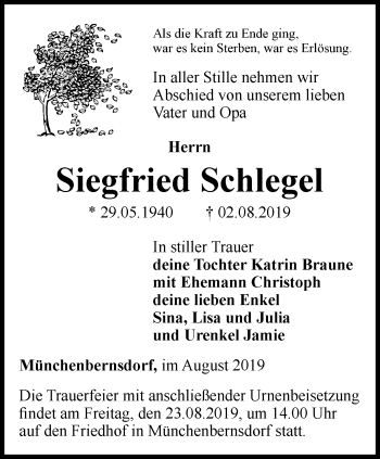 Traueranzeige von Siegfried Schlegel von Ostthüringer Zeitung