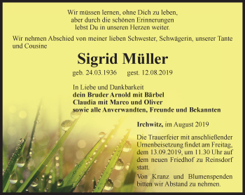 Traueranzeige von Sigrid Müller von Ostthüringer Zeitung