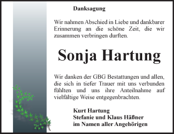 Traueranzeige von Sonja Hartung von Ostthüringer Zeitung