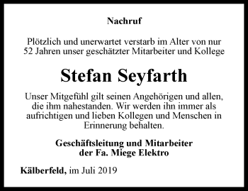 Traueranzeige von Stefan Seyfarth von Thüringer Allgemeine, Thüringische Landeszeitung