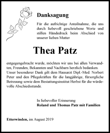 Traueranzeige von Thea Patz von Thüringer Allgemeine, Thüringische Landeszeitung