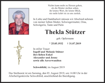 Traueranzeige von Thekla Stützer von Thüringer Allgemeine