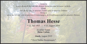 Traueranzeige von Thomas Hesse von Thüringer Allgemeine, Thüringische Landeszeitung