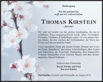 Traueranzeige von Thomas Kirstein von Ostthüringer Zeitung