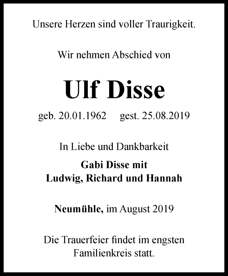  Traueranzeige für Ulf Disse vom 30.08.2019 aus Ostthüringer Zeitung