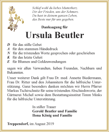 Traueranzeige von Ursula Beutler von Ostthüringer Zeitung