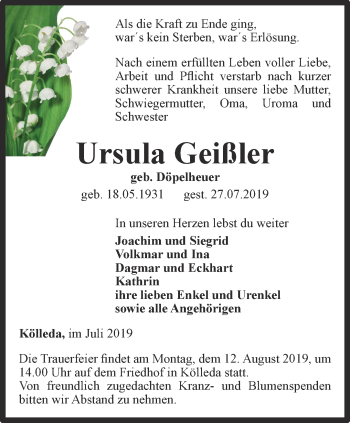 Traueranzeige von Ursula Geißler von Thüringer Allgemeine