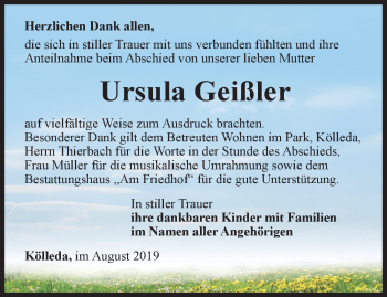 Traueranzeige von Ursula Geißler von Thüringer Allgemeine