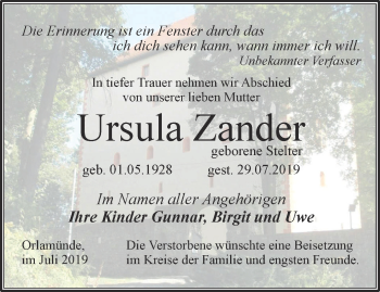 Traueranzeige von Ursula Zander von Ostthüringer Zeitung, Thüringische Landeszeitung