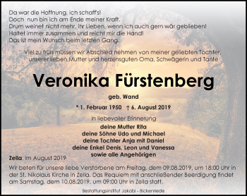 Traueranzeige von Veronika Fürstenberg von Thüringer Allgemeine, Thüringische Landeszeitung