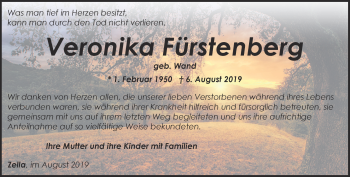 Traueranzeige von Veronika Fürstenberg von Thüringer Allgemeine, Thüringische Landeszeitung